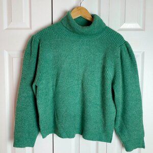 J. Crew Green Cropped Puff-Sleeve Turtleneck Sweater